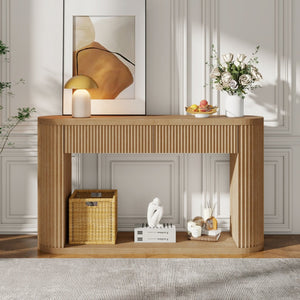 English Elm Trexm Fluted Oval Entryway Table Rubberwood Frame Two Drawers Open Bottom Shelf Natural N715P458125N