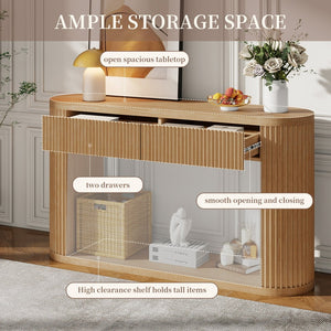 English Elm Trexm Fluted Oval Entryway Table Rubberwood Frame Two Drawers Open Bottom Shelf Natural N715P458125N
