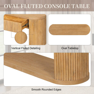 English Elm Trexm Fluted Oval Entryway Table Rubberwood Frame Two Drawers Open Bottom Shelf Natural N715P458125N