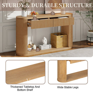English Elm Trexm Fluted Oval Entryway Table Rubberwood Frame Two Drawers Open Bottom Shelf Natural N715P458125N