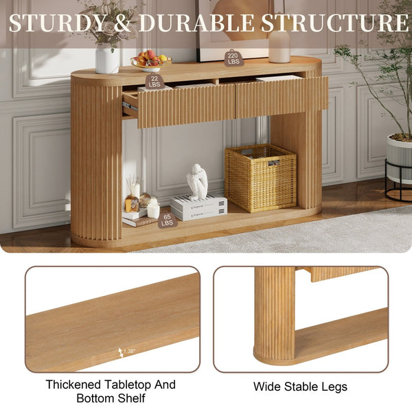 English Elm Trexm Fluted Oval Entryway Table Rubberwood Frame Two Drawers Open Bottom Shelf Natural N715P458125N