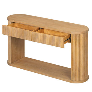 English Elm Trexm Fluted Oval Entryway Table Rubberwood Frame Two Drawers Open Bottom Shelf Natural N715P458125N