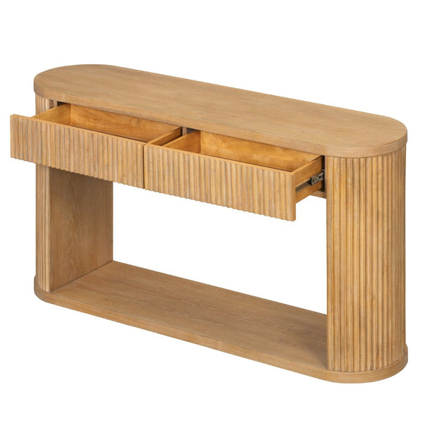 English Elm Trexm Fluted Oval Entryway Table Rubberwood Frame Two Drawers Open Bottom Shelf Natural N715P458125N