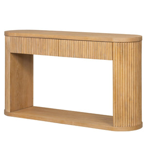 English Elm Trexm Fluted Oval Entryway Table Rubberwood Frame Two Drawers Open Bottom Shelf Natural N715P458125N