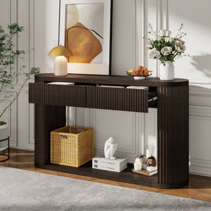 English Elm Trexm Fluted Oval Entryway Table Rubberwood Frame Two Drawers Open Bottom Shelf Espresso N715P458125P