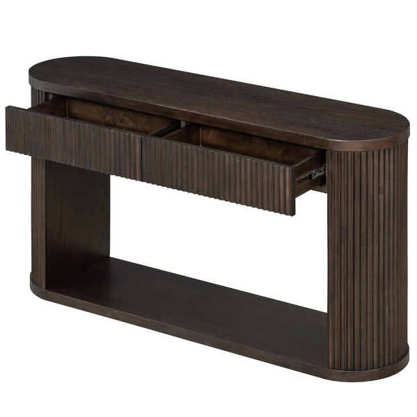English Elm Trexm Fluted Oval Entryway Table Rubberwood Frame Two Drawers Open Bottom Shelf Espresso N715P458125P