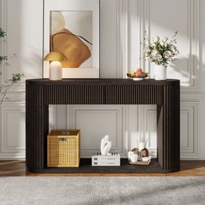 English Elm Trexm Fluted Oval Entryway Table Rubberwood Frame Two Drawers Open Bottom Shelf Espresso N715P458125P