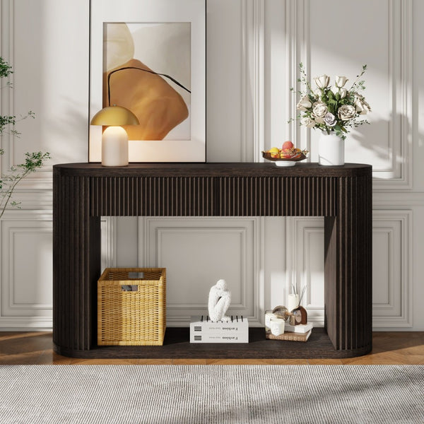 English Elm Trexm Fluted Oval Entryway Table Rubberwood Frame Two Drawers Open Bottom Shelf Espresso N715P458125P
