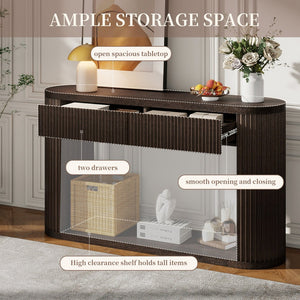 English Elm Trexm Fluted Oval Entryway Table Rubberwood Frame Two Drawers Open Bottom Shelf Espresso N715P458125P