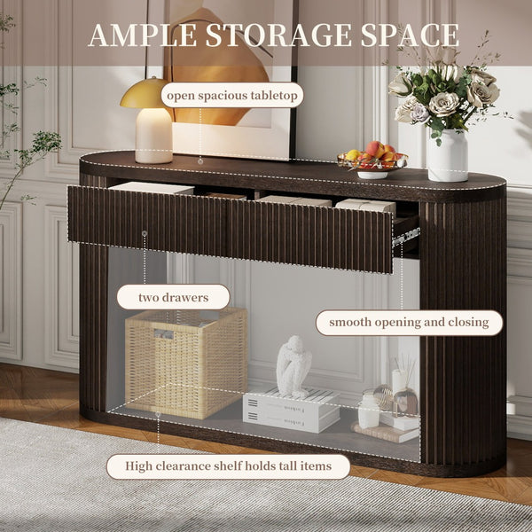 English Elm Trexm Fluted Oval Entryway Table Rubberwood Frame Two Drawers Open Bottom Shelf Espresso N715P458125P