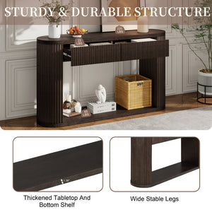 English Elm Trexm Fluted Oval Entryway Table Rubberwood Frame Two Drawers Open Bottom Shelf Espresso N715P458125P
