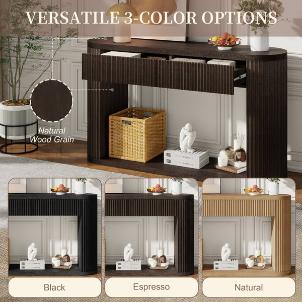 English Elm Trexm Fluted Oval Entryway Table Rubberwood Frame Two Drawers Open Bottom Shelf Espresso N715P458125P