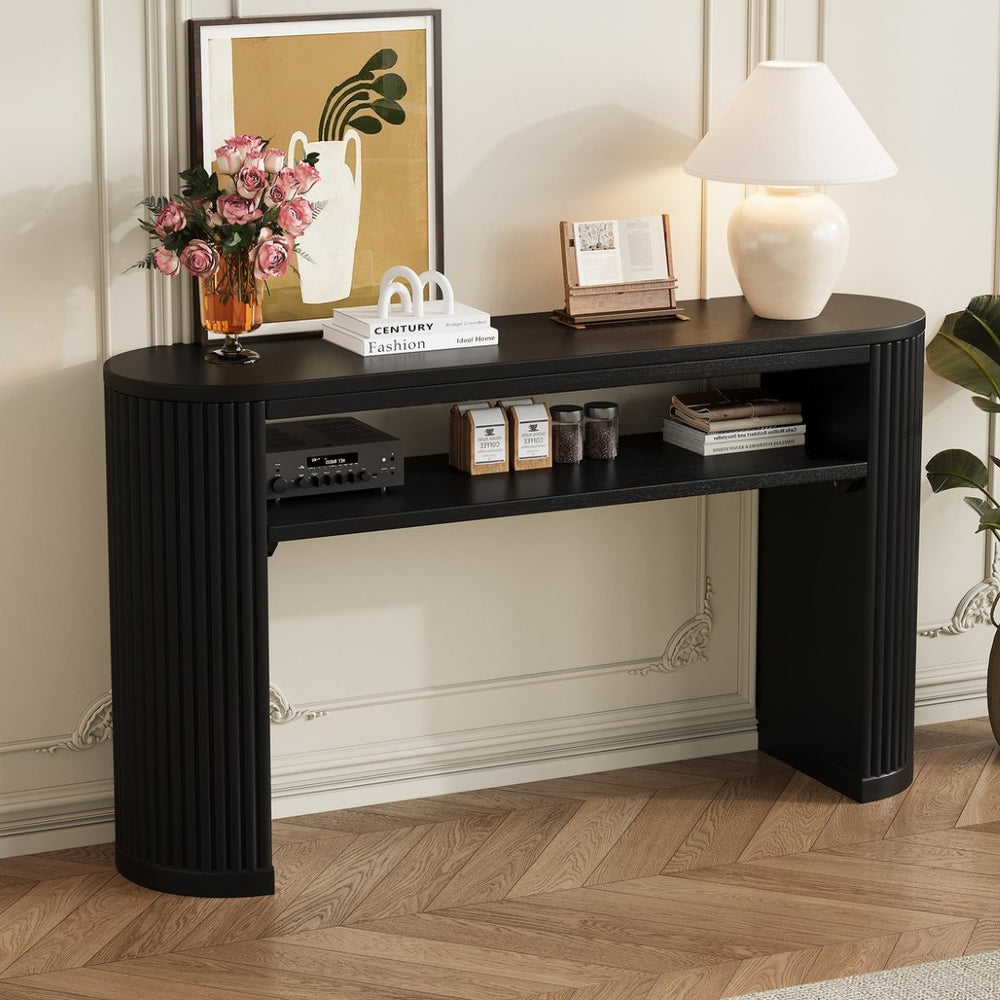 English Elm Trexm Fluted Leg Ash Veneer Console Table Farmhouse Oval Top Open Shelf Entryway Black N715P462622B