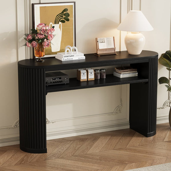 English Elm Trexm Fluted Leg Ash Veneer Console Table Farmhouse Oval Top Open Shelf Entryway Black N715P462622B