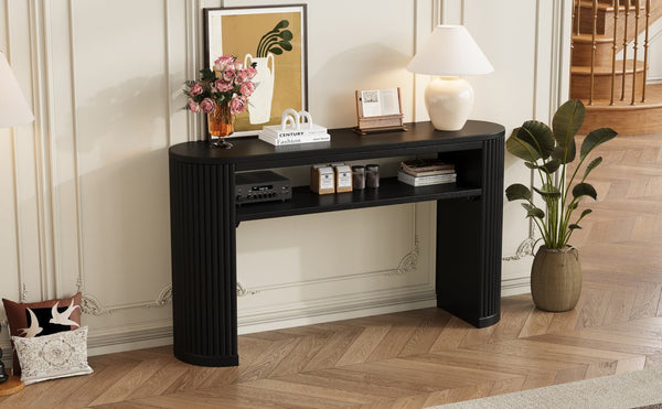 English Elm Trexm Fluted Leg Ash Veneer Console Table Farmhouse Oval Top Open Shelf Entryway Black N715P462622B