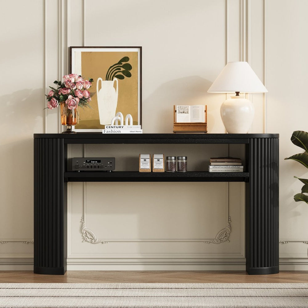 English Elm Trexm Fluted Leg Ash Veneer Console Table Farmhouse Oval Top Open Shelf Entryway Black N715P462622B