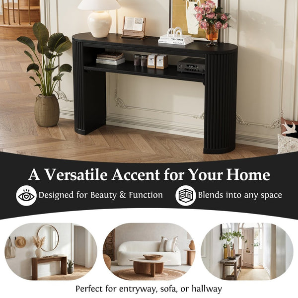 English Elm Trexm Fluted Leg Ash Veneer Console Table Farmhouse Oval Top Open Shelf Entryway Black N715P462622B