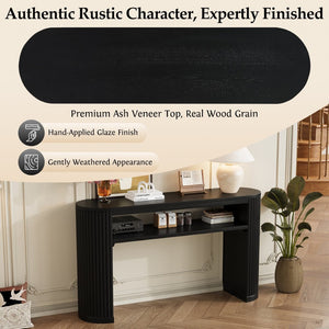 English Elm Trexm Fluted Leg Ash Veneer Console Table Farmhouse Oval Top Open Shelf Entryway Black N715P462622B