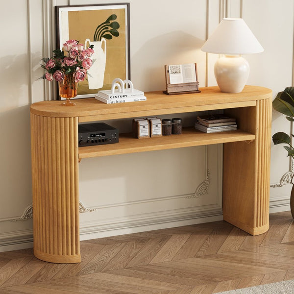 English Elm Trexm Fluted Leg Ash Veneer Console Table Farmhouse Oval Top Open Shelf Entryway Natural N715P462622N
