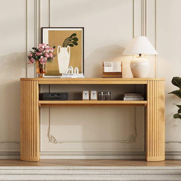 English Elm Trexm Fluted Leg Ash Veneer Console Table Farmhouse Oval Top Open Shelf Entryway Natural N715P462622N