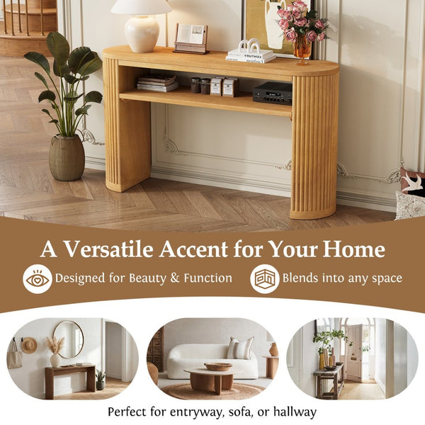English Elm Trexm Fluted Leg Ash Veneer Console Table Farmhouse Oval Top Open Shelf Entryway Natural N715P462622N