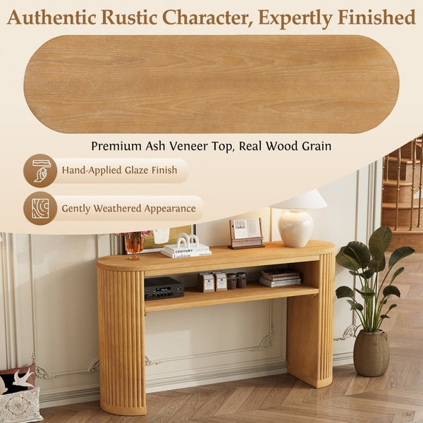 English Elm Trexm Fluted Leg Ash Veneer Console Table Farmhouse Oval Top Open Shelf Entryway Natural N715P462622N