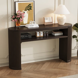 English Elm Trexm Fluted Leg Ash Veneer Console Table Farmhouse Oval Top Open Shelf Entryway Espresso N715P462622P