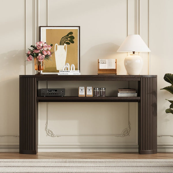 English Elm Trexm Fluted Leg Ash Veneer Console Table Farmhouse Oval Top Open Shelf Entryway Espresso N715P462622P