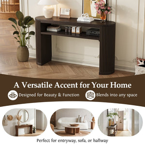 English Elm Trexm Fluted Leg Ash Veneer Console Table Farmhouse Oval Top Open Shelf Entryway Espresso N715P462622P