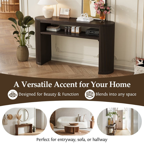 English Elm Trexm Fluted Leg Ash Veneer Console Table Farmhouse Oval Top Open Shelf Entryway Espresso N715P462622P