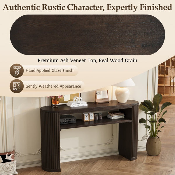 English Elm Trexm Fluted Leg Ash Veneer Console Table Farmhouse Oval Top Open Shelf Entryway Espresso N715P462622P