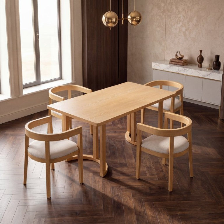 English Elm Trexm Sculptural Arm Dining Chairs Rubberwood Frame Padded Upholstered Seat Pair Natural Set of 4 N715P466152N