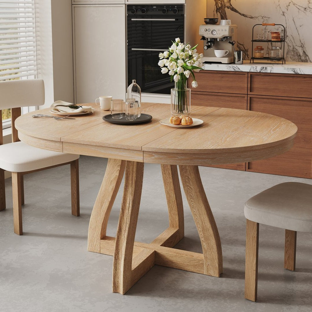 English Elm Trexm Extendable Round Dining Table Oak Veneer Rubberwood Farmhouse Seats Six Natural Wood Wash N715P473741D