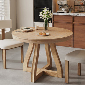 English Elm Trexm Extendable Round Dining Table Oak Veneer Rubberwood Farmhouse Seats Six Natural Wood Wash N715P473741D