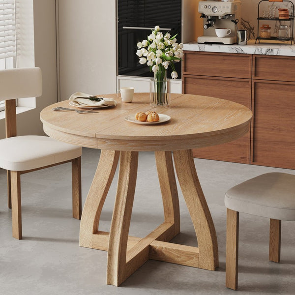 English Elm Trexm Extendable Round Dining Table Oak Veneer Rubberwood Farmhouse Seats Six Natural Wood Wash N715P473741D