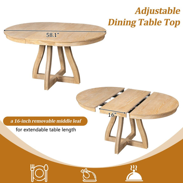 English Elm Trexm Extendable Round Dining Table Oak Veneer Rubberwood Farmhouse Seats Six Natural Wood Wash N715P473741D