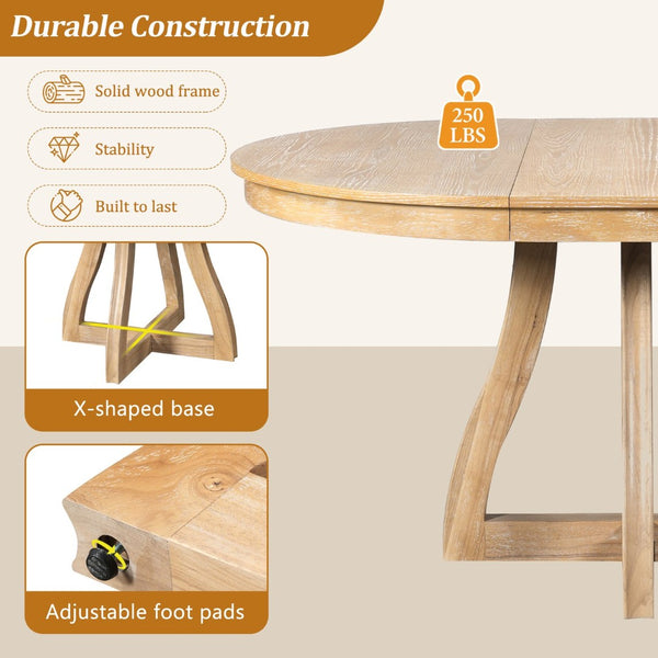 English Elm Trexm Extendable Round Dining Table Oak Veneer Rubberwood Farmhouse Seats Six Natural Wood Wash N715P473741D