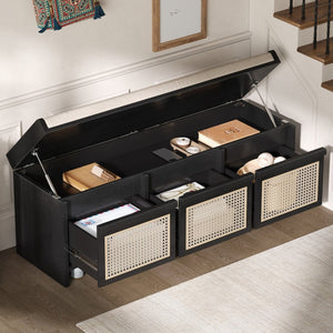 English Elm Trexm Retro Entryway Bench with Rattan Drawers Lift Top and Tufted Seat Black N715P474886B