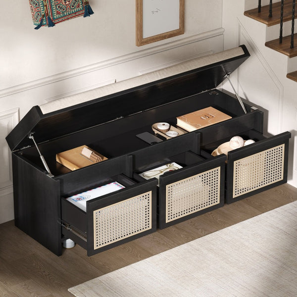 English Elm Trexm Retro Entryway Bench with Rattan Drawers Lift Top and Tufted Seat Black N715P474886B