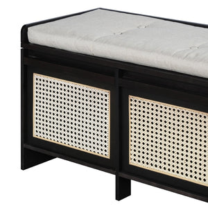 English Elm Trexm Retro Entryway Bench with Rattan Drawers Lift Top and Tufted Seat Black N715P474886B