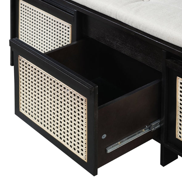 English Elm Trexm Retro Entryway Bench with Rattan Drawers Lift Top and Tufted Seat Black N715P474886B