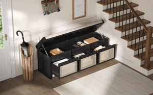 English Elm Trexm Retro Entryway Bench with Rattan Drawers Lift Top and Tufted Seat Black N715P474886B