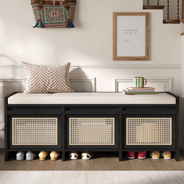 English Elm Trexm Retro Entryway Bench with Rattan Drawers Lift Top and Tufted Seat Black N715P474886B