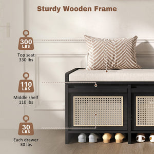 English Elm Trexm Retro Entryway Bench with Rattan Drawers Lift Top and Tufted Seat Black N715P474886B