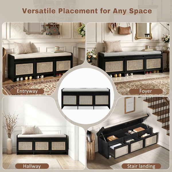 English Elm Trexm Retro Entryway Bench with Rattan Drawers Lift Top and Tufted Seat Black N715P474886B
