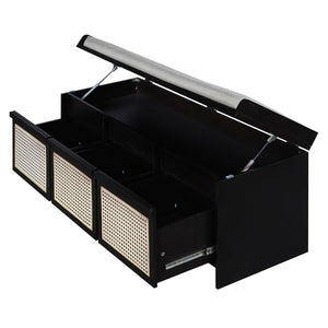English Elm Trexm Retro Entryway Bench with Rattan Drawers Lift Top and Tufted Seat Black N715P474886B