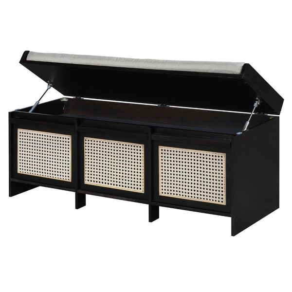 English Elm Trexm Retro Entryway Bench with Rattan Drawers Lift Top and Tufted Seat Black N715P474886B