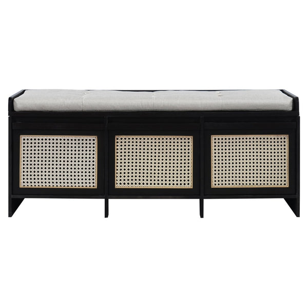 English Elm Trexm Retro Entryway Bench with Rattan Drawers Lift Top and Tufted Seat Black N715P474886B