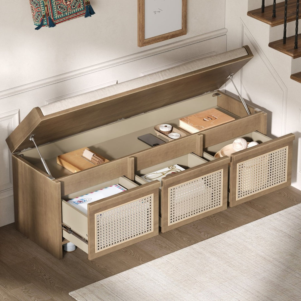 English Elm Trexm Retro Entryway Bench with Rattan Drawers Lift Top and Tufted Seat Natural N715P474886D