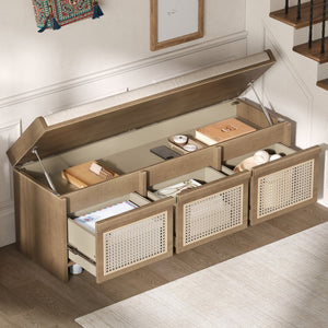 English Elm Trexm Retro Entryway Bench with Rattan Drawers Lift Top and Tufted Seat Natural N715P474886D